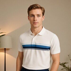 Old Navy Mens Medium White Blue Stripe Polo Shirt Preppy Classic Retro Y2K